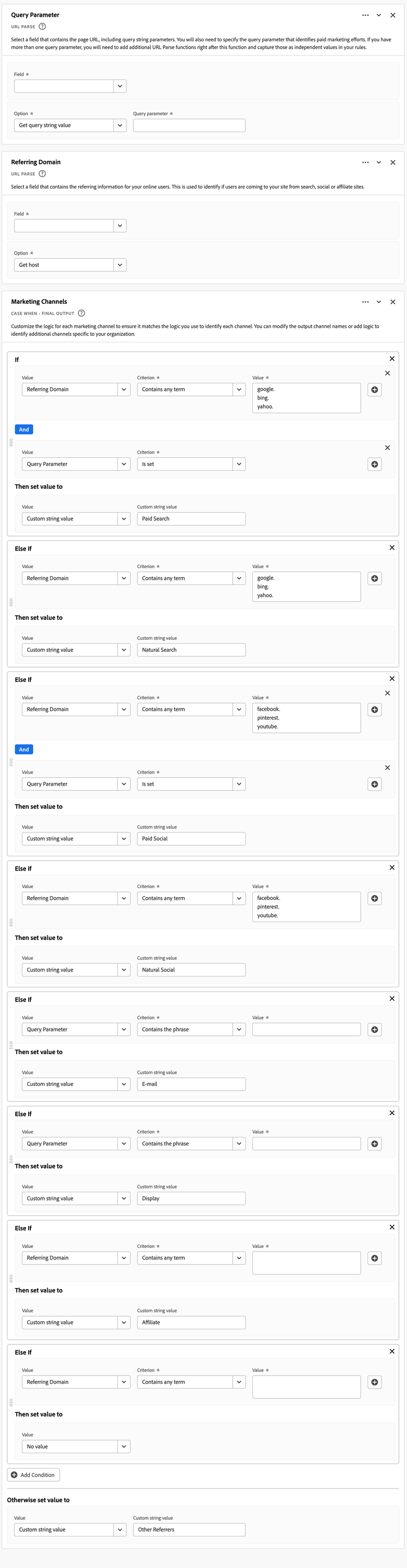 Screenshot of the Marketing channel template rule builder