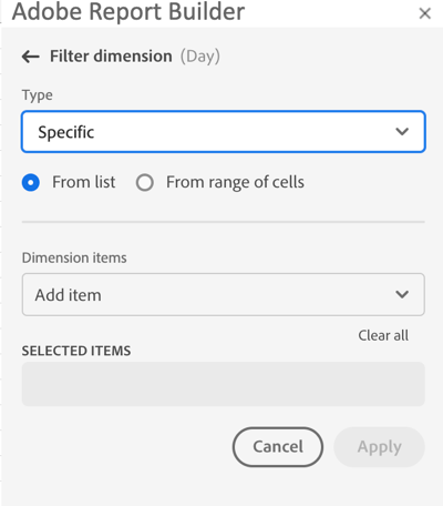 The specific option selected in the Filter dimension pane.