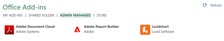 The Admin Managed tab in Office Add-ins dialog.
