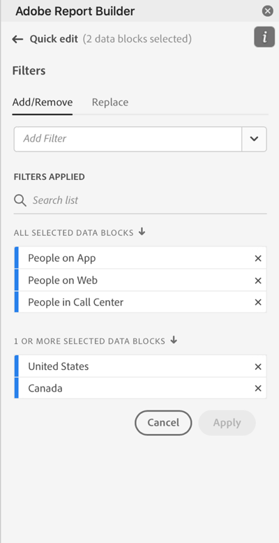 the Filters panel showing the Add Filter field and Filters Applied lists.