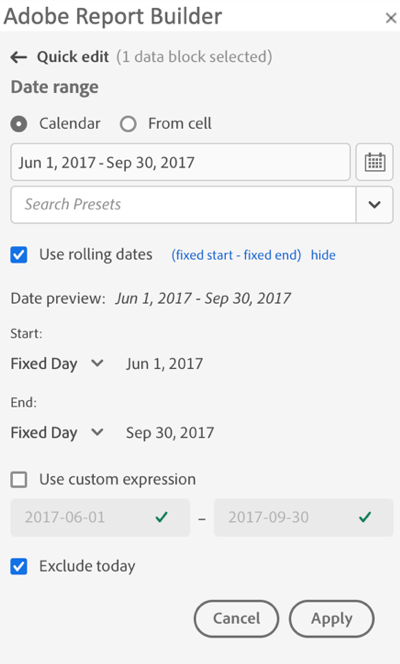 Report Builder Quick edit pane with calendar selected and Exclude today selected.