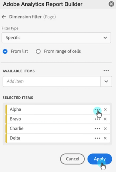 The Specific options and selected items.