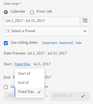 Report Builder date range pane showing Use rolling dates selected and the rolling expression.