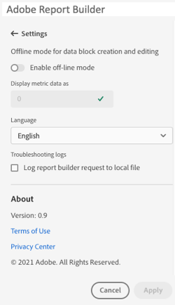 Report Builder date range pane showing the Cancel and Apply button.