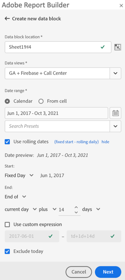 Report Builder date range pane showing the current day plus 14 days selected.