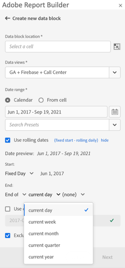 Report Builder date range pane showing the current day selected.