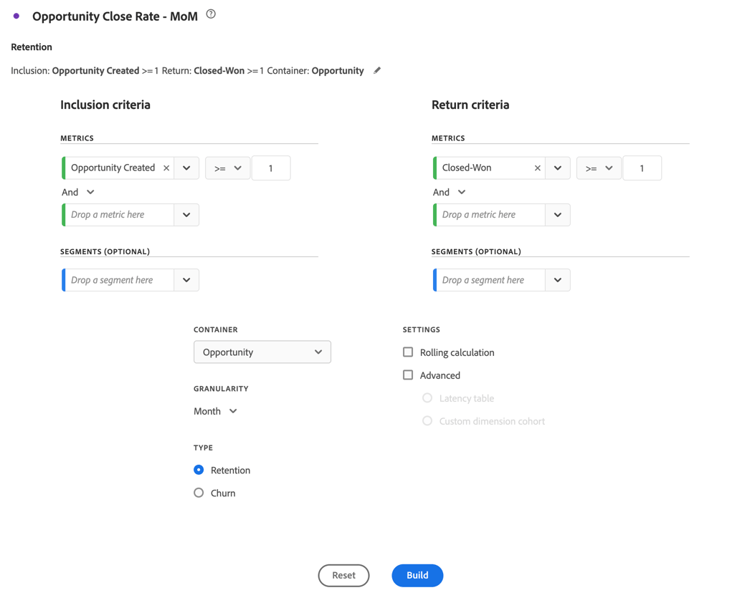 B2B use case - cohort segmentation - cohort table - config