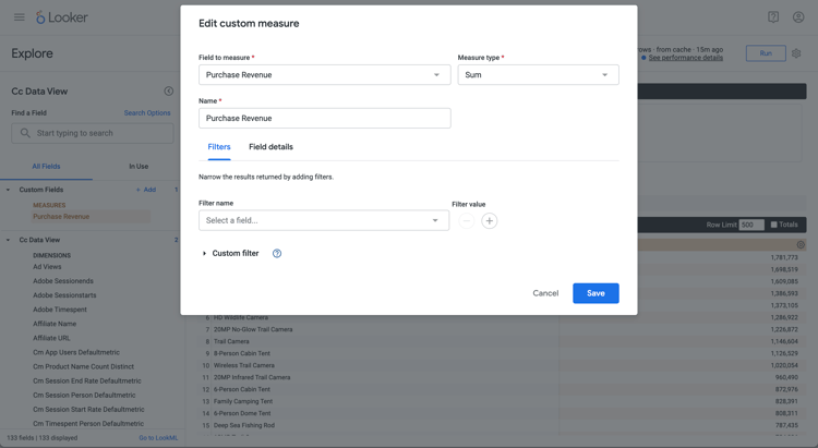 Looker custom metric field