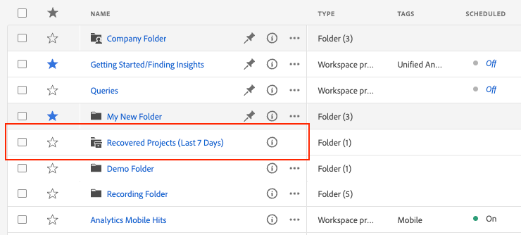 The list of folders highlighting the Recovered Project folder.