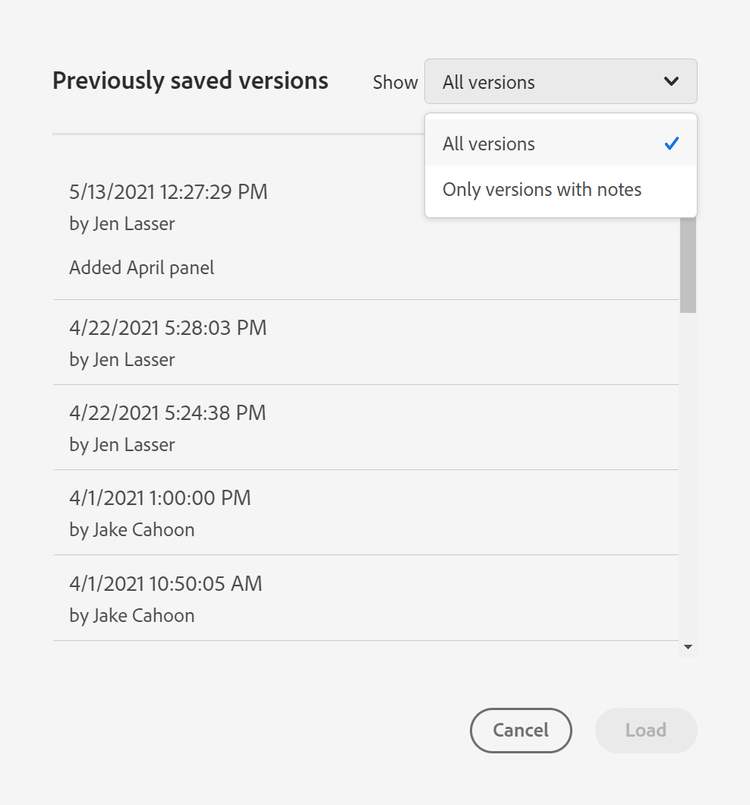 The Previously saved project versions list and options to show All versions or Only versions with notes.
