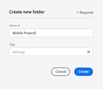 The Create new folder window with new name and Tags field.