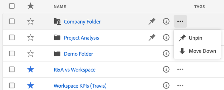 The Projects page showing the non-admin options for folders.