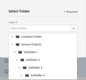 The Select Folder view showing the drop down menu and available subfolders.