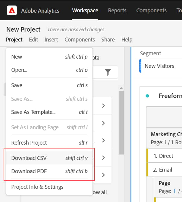 The Project drop-down menue with the Download CSV and Download PDF options highlighted.