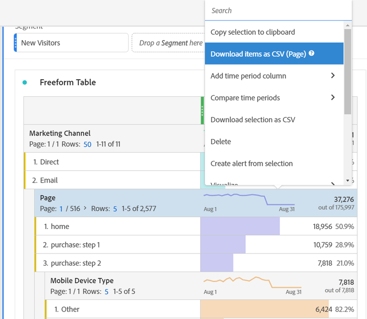 The Download items as CSV (Page) option.