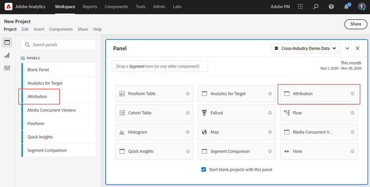 The New Project window highlighting the Attribution panel.