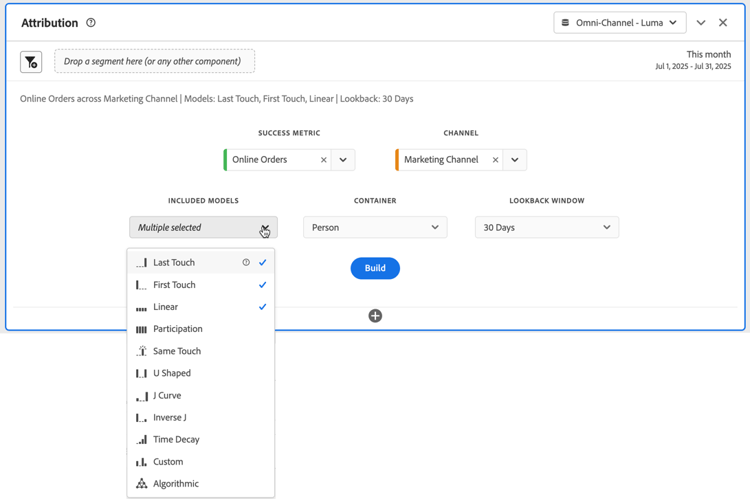 The Attribution panel window showing several selected dimensions and metrics.