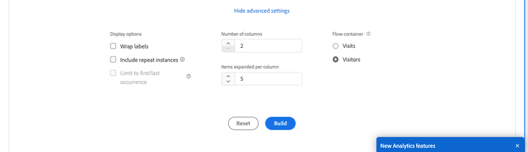 Advanced settings with Disiplay options, Number of columns and Flow container.