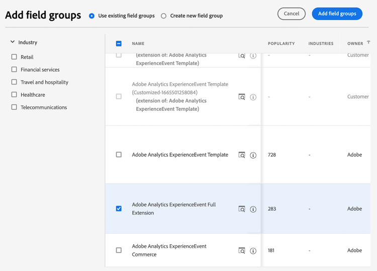 Add the Adobe Analytics ExperienceEvent field group