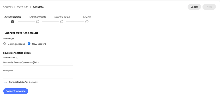 Meta Ads source connector authentication step 1