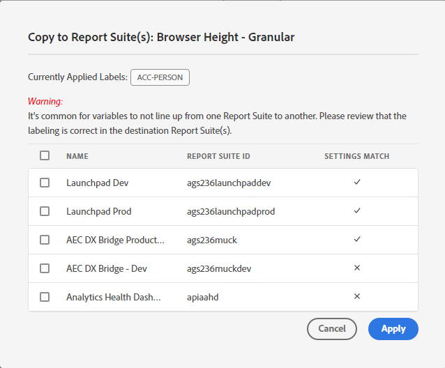 Copying label to report suite