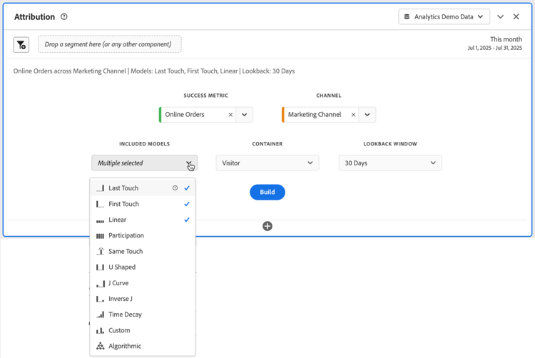 The Attribution panel window showing several selected dimensions and metrics.