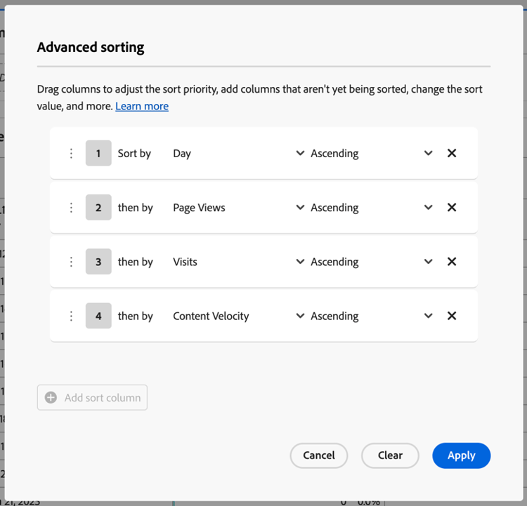 Advanced sorting dialog