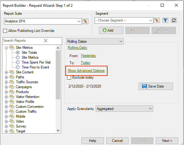 Screenshoot highlighting the Show Advanced Options.