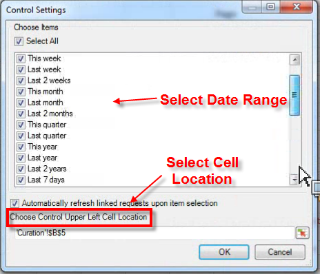 Screenshot showing the selected date ranage items and the upper-left cell location.