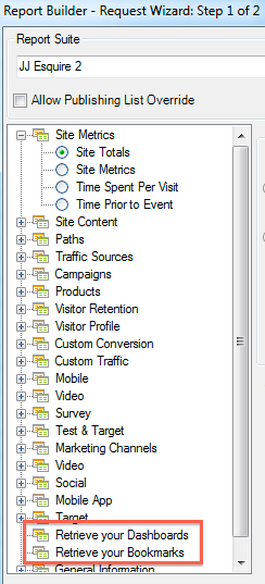 Screenshot showing the Request Wizard Step 1 of 2 highlighting Retrieve your Dashboards and Retrieve your Bookmarks.