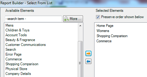 Screenshot showing the Available Elements and the Selected Elements.