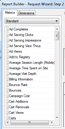 Screenshot of the Request Wizard: Step 2 Standard metrics list.