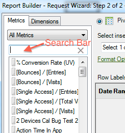 Screenshot showing the Metrics search bar.