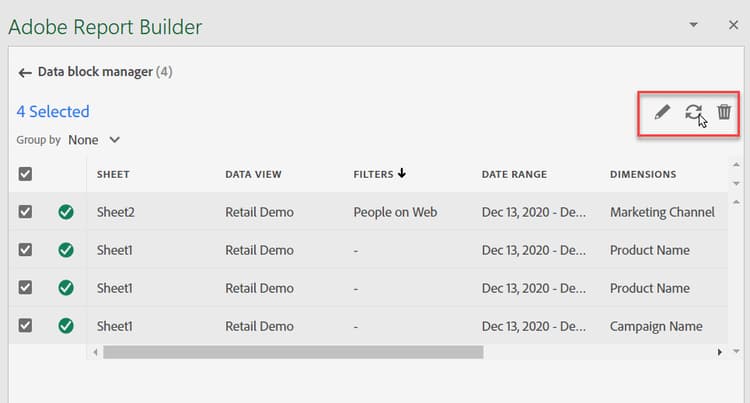 Data block manager showing refresh status for each data block listed.