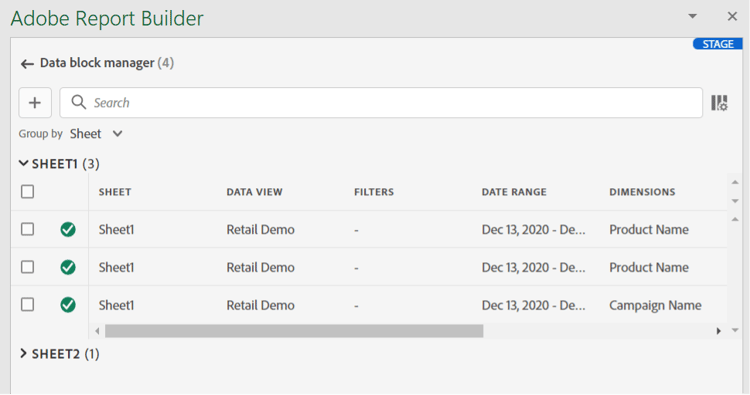 Data block manager showing the Group by Sheet list.