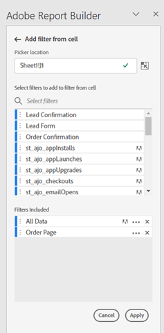 The Add segment from cell window showing the Filters included.