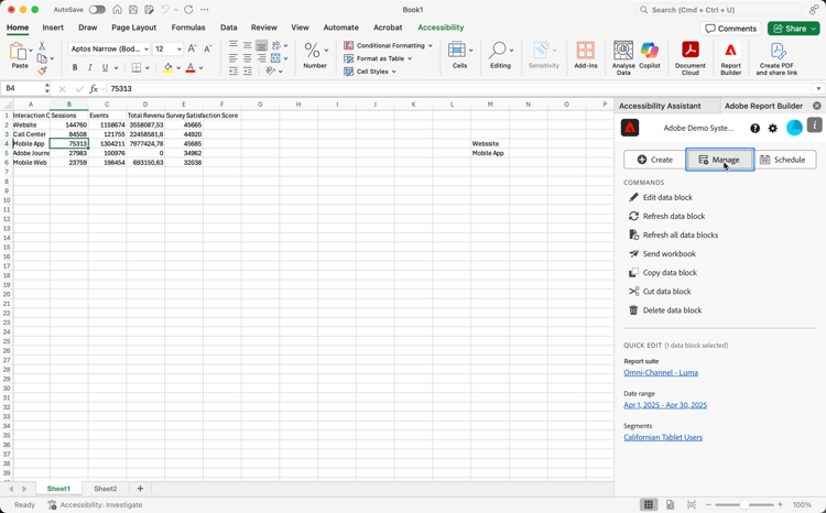 The Manage option to view a list of all data blocks.