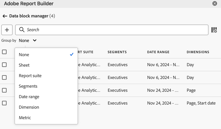 Data block manager showing the Group by Sheet list.