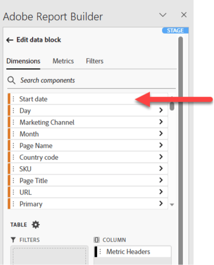 Screenshot showing the Start date in the list of dimensions.