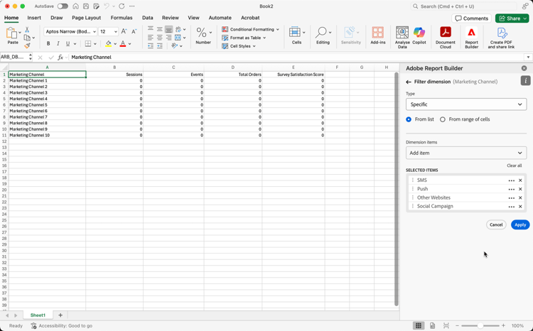The specific option selected in the Filter dimension pane.