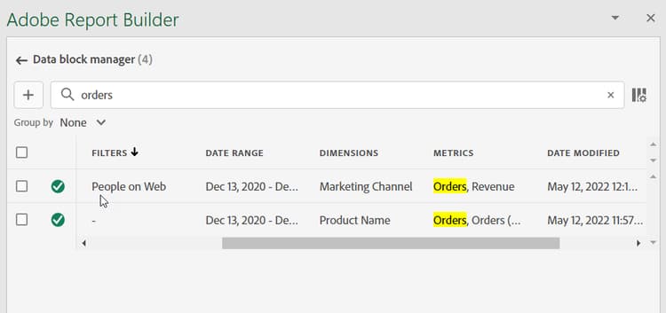 Using the Search field to locate anything in the data block table.