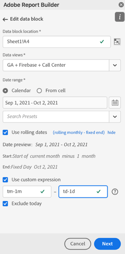 Select Use custom expression showing tm-1m to td-1d.