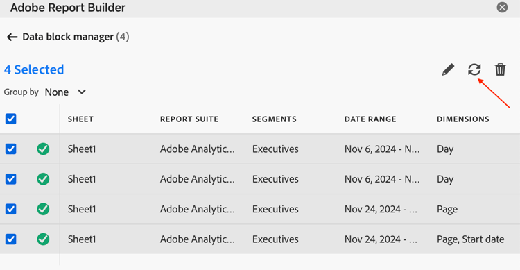 Data block manager showing refresh status for each data block listed.