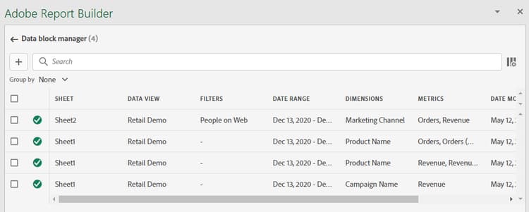 The Data block manager screen.