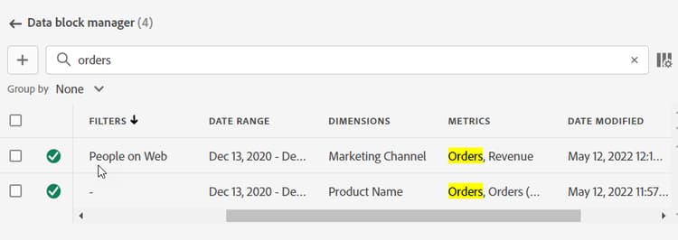 Using the Search field to locate anything in the data block table.