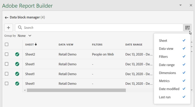 Data block manager showing the column list