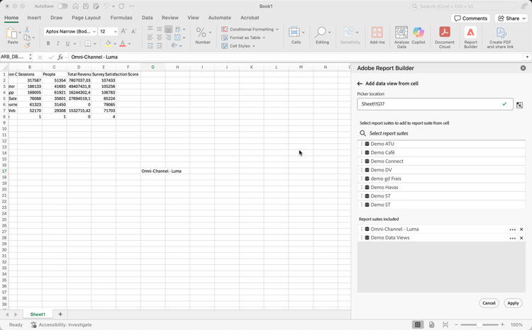 Select report suite from a cell