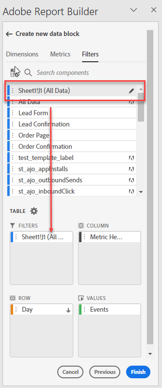 Segments tab showing Sheet1!J1(All Data) segment added to the table.