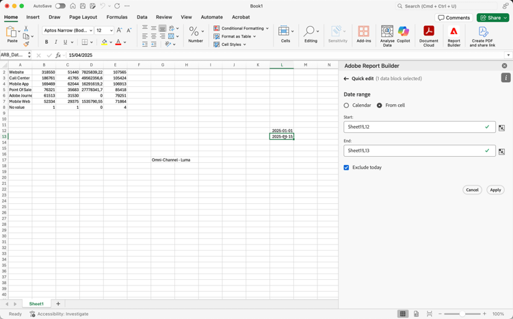 Select From cell Sheet1!H4 to Sheet1!I4