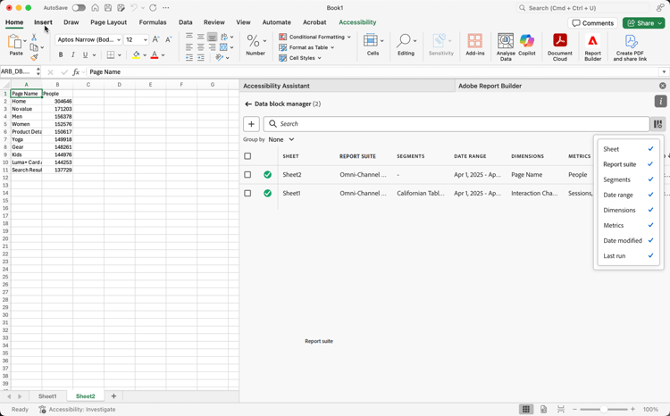 The list of all data blocks present in a workbook.